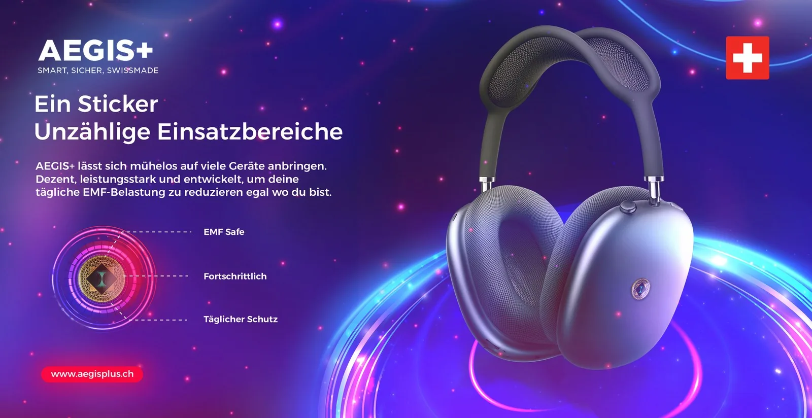 Aegis+ product ad featuring headphones on purple gradient background