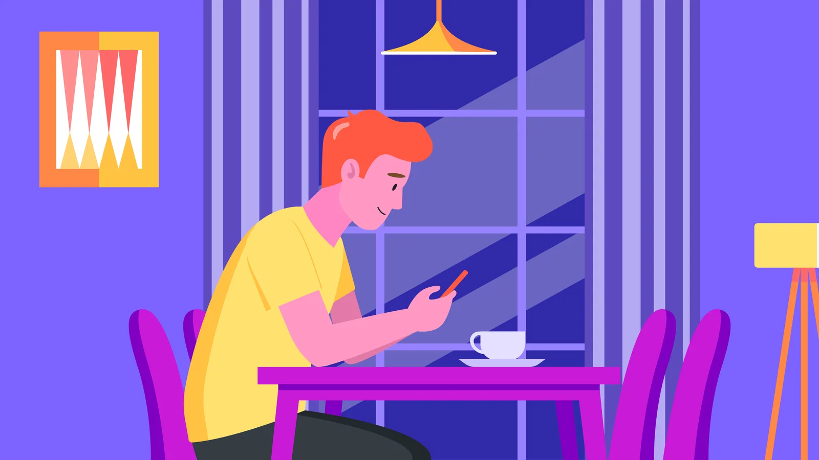 Aegis+ explainer illustration — a man absorbed in his phone at a cafe table, unaware of his surroundings
