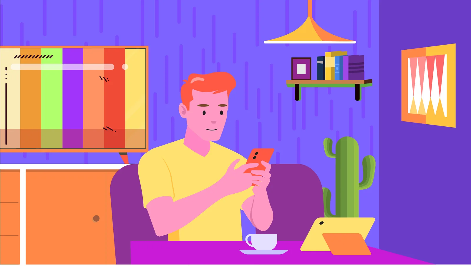 Aegis+ explainer illustration — the same man scrolling his phone at home in front of a static-filled TV
