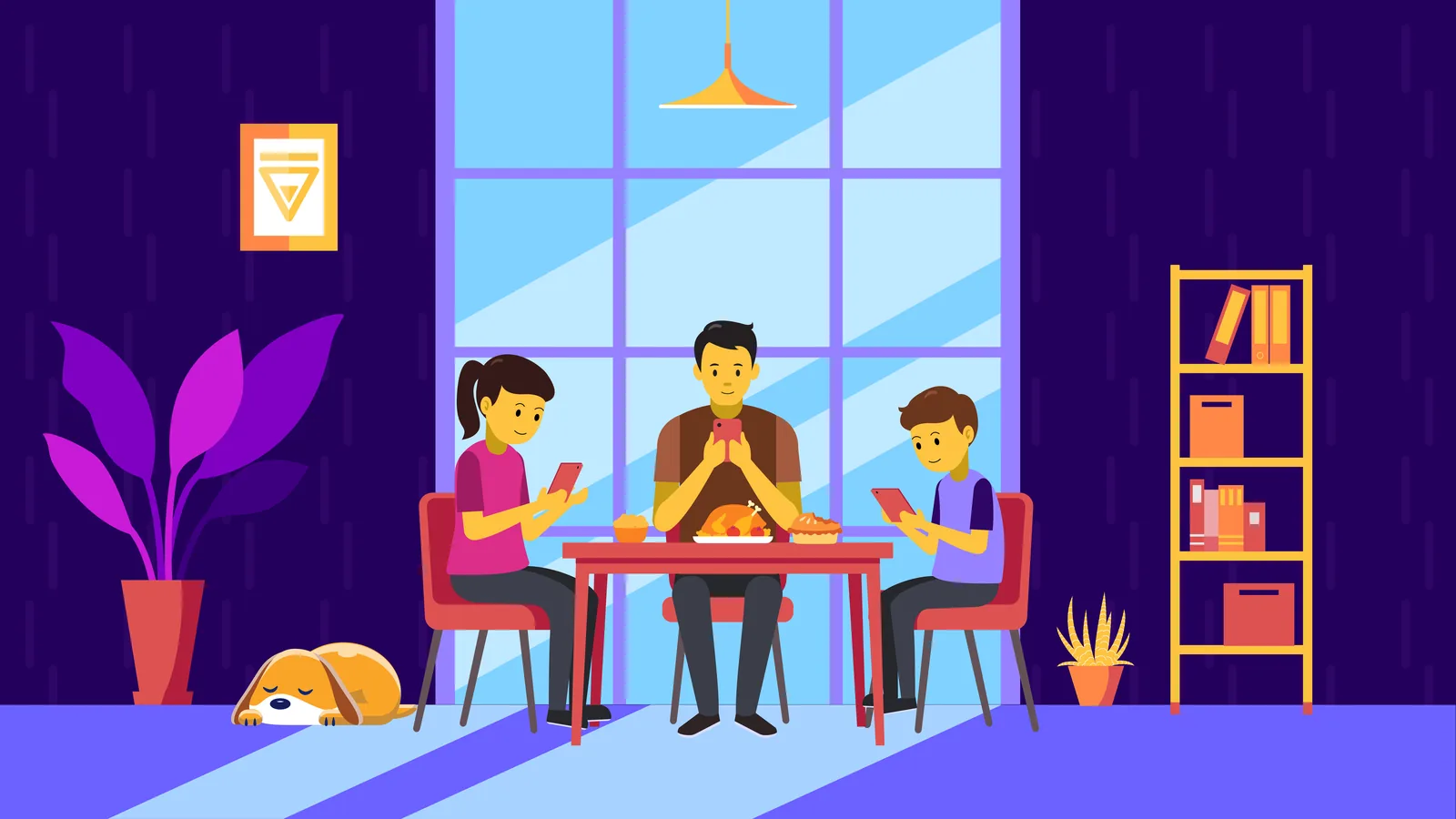 Aegis+ explainer illustration — a family of three at the dinner table, each absorbed in their own phone instead of talking
