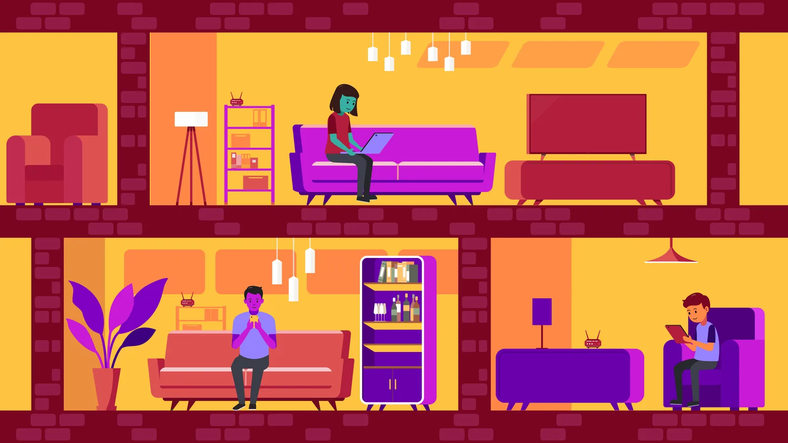 Aegis+ explainer illustration — cutaway view of an apartment building, every room filled with WiFi routers and screens