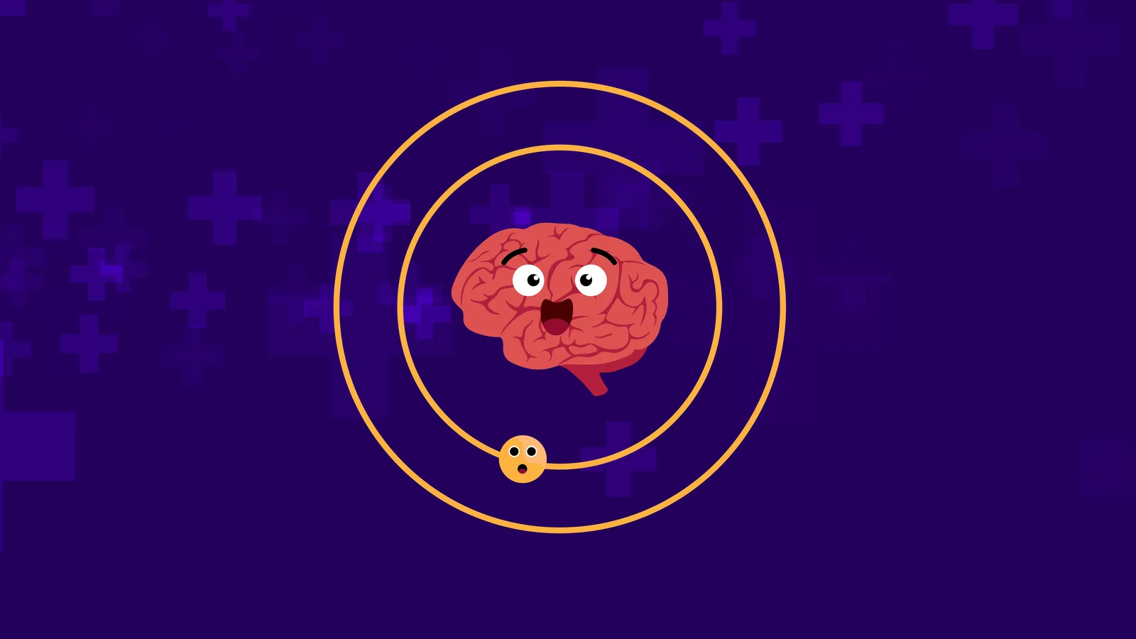 Aegis+ explainer illustration — a worried brain encircled by orbiting radiation waves