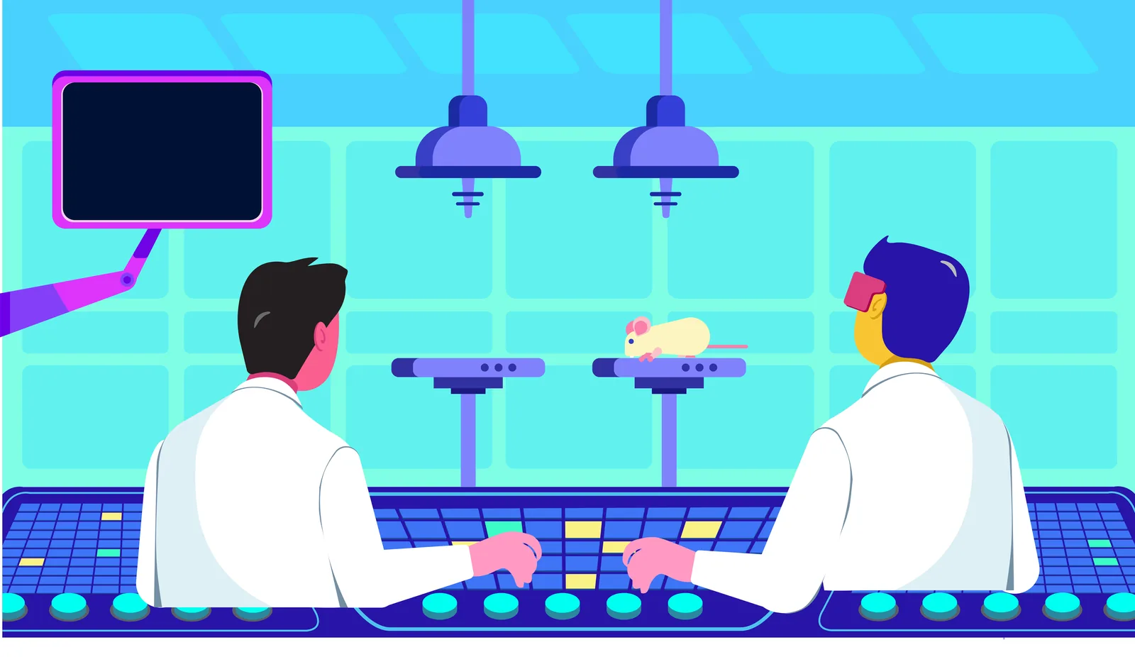 Aegis+ explainer illustration — two lab scientists testing radiation effects on a mouse