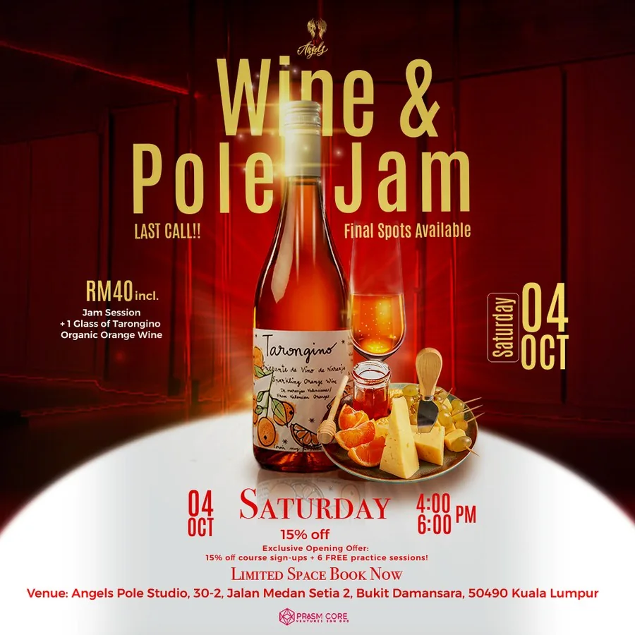 Angels Pole Studio Wine and Pole Jam last call reminder, Instagram square post