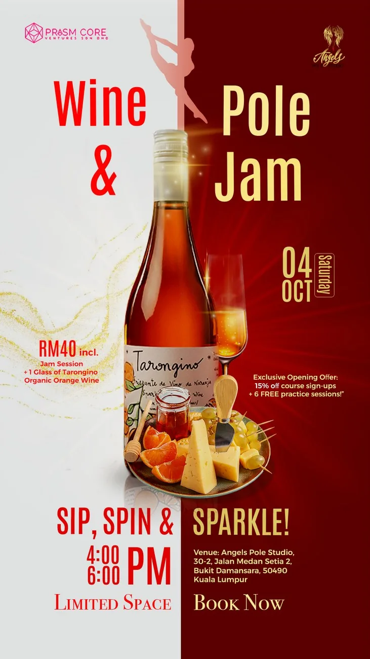 Angels Pole Studio Wine and Pole Jam launch announcement, Instagram story