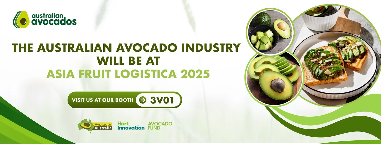 Web banner announcing the Australian Avocado industry at Asia Fruit Logistica 2025, booth 3V01