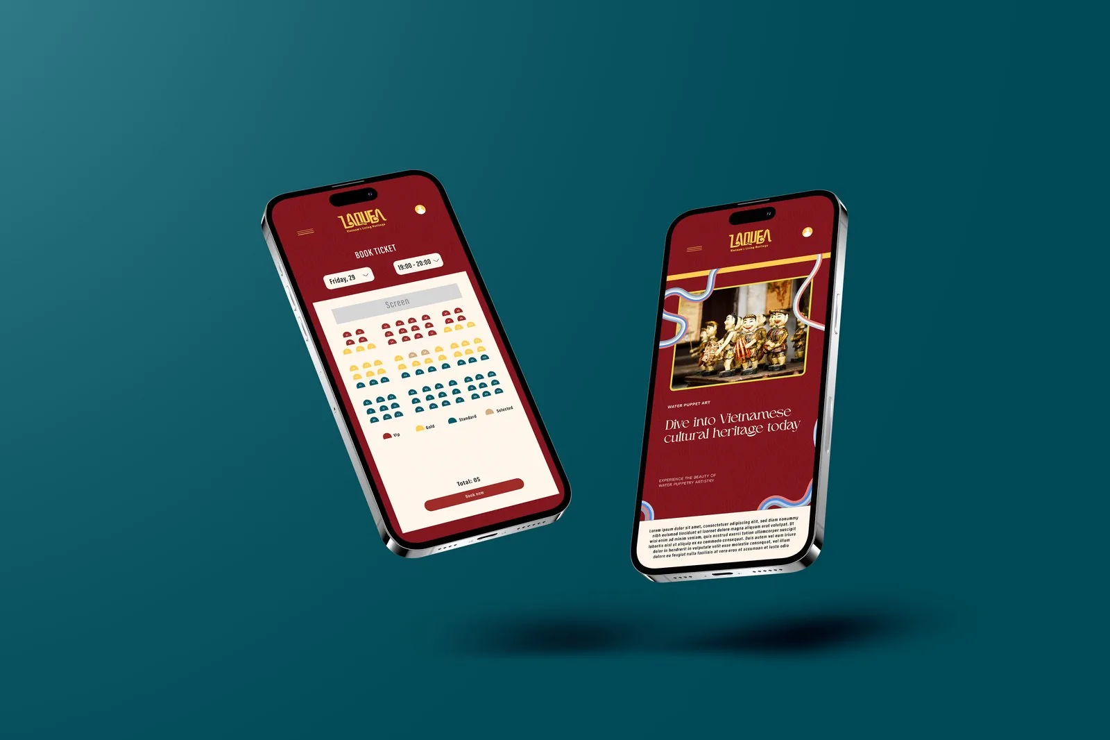 Laquea mobile app mockup showing ticket booking and cultural article screens