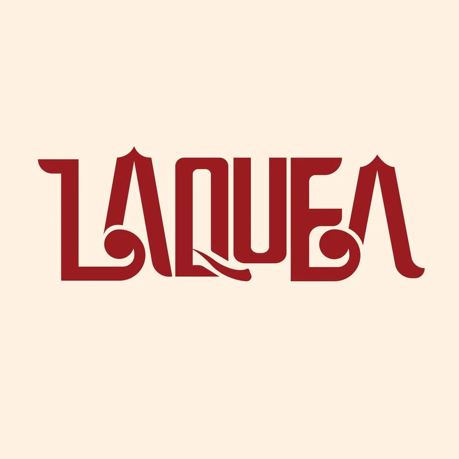 Laquea wordmark logo, cream and red colorway