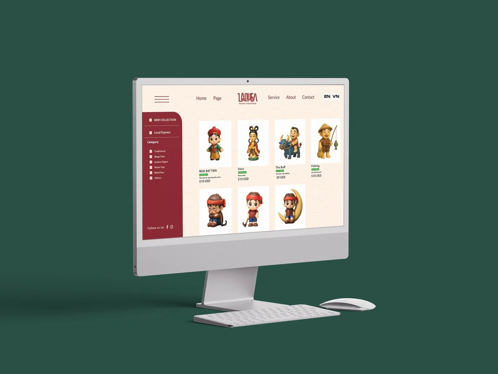 Laquea website shop page mockup showing the figure collection grid