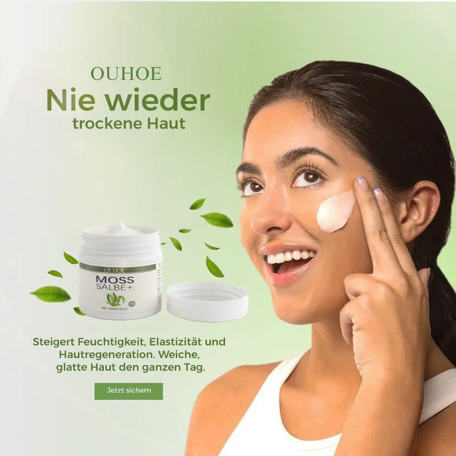 Ouhoe Cosmetic ad, Nie wieder trockene Haut, woman applying cream