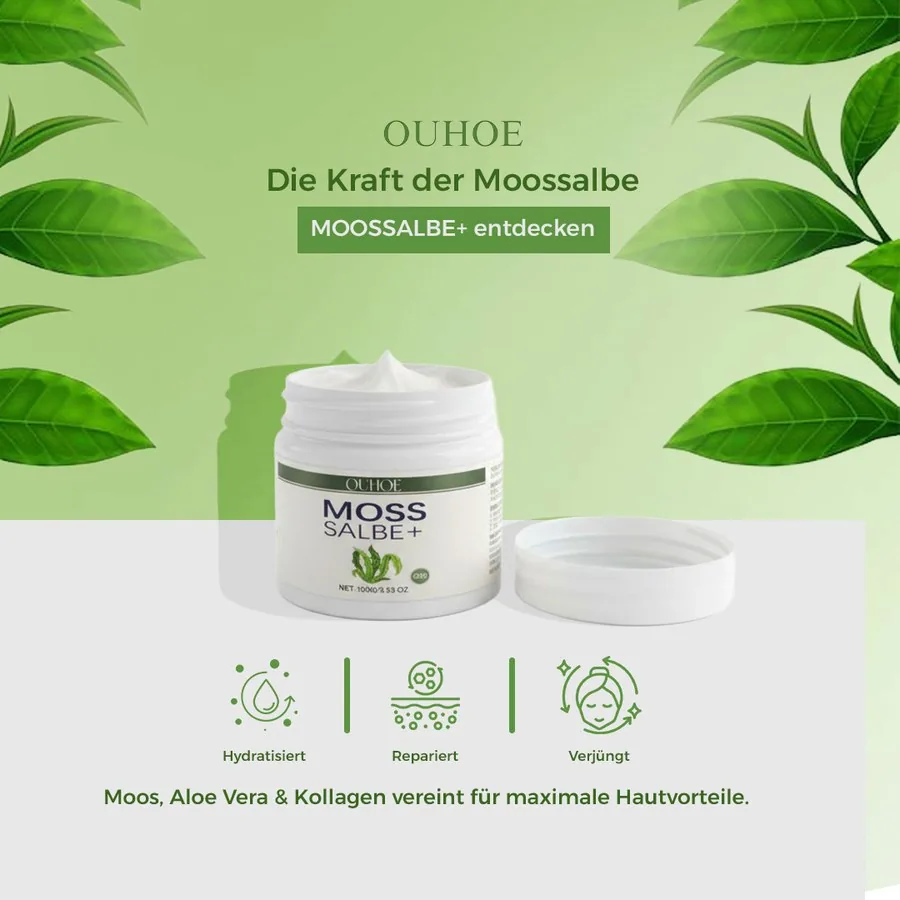 Ouhoe Cosmetic ad, Die Kraft der Moossalbe, product jar with leaves