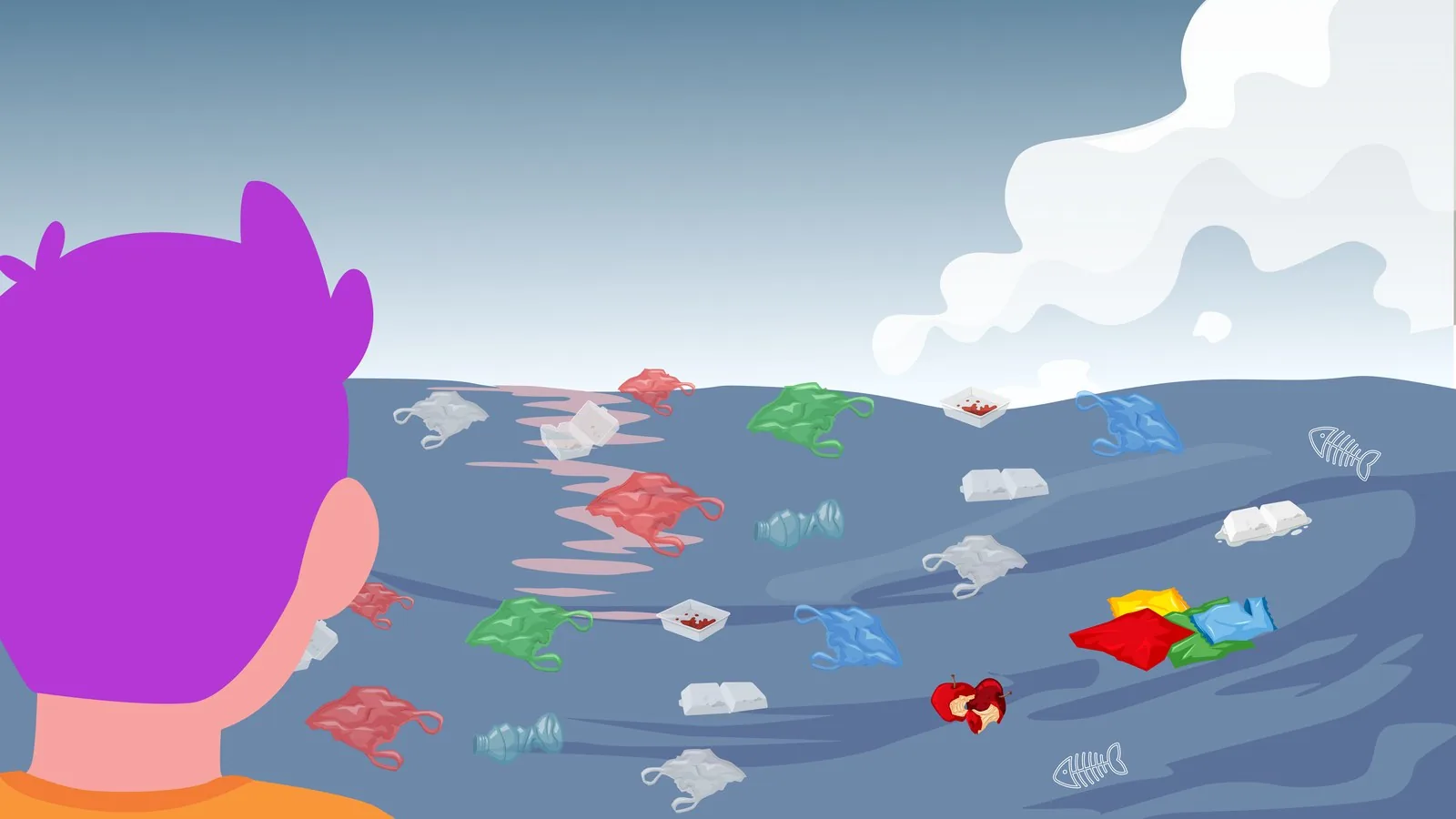Save Nature animation still — wide shot of the ocean surface covered in plastic waste