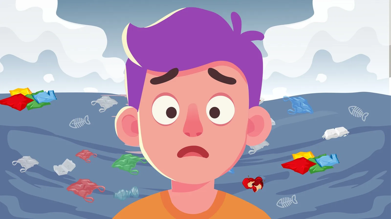 Save Nature animation still — close-up of the boy's shocked reaction to the pollution