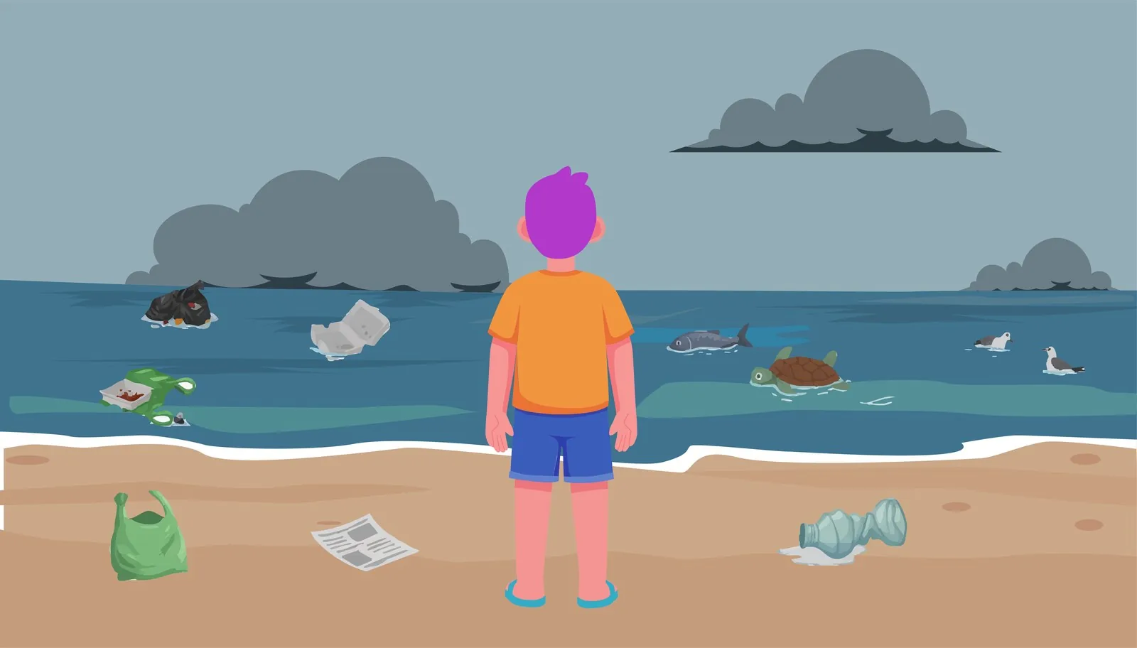 Save Nature animation still — the boy turns to face the polluted shoreline